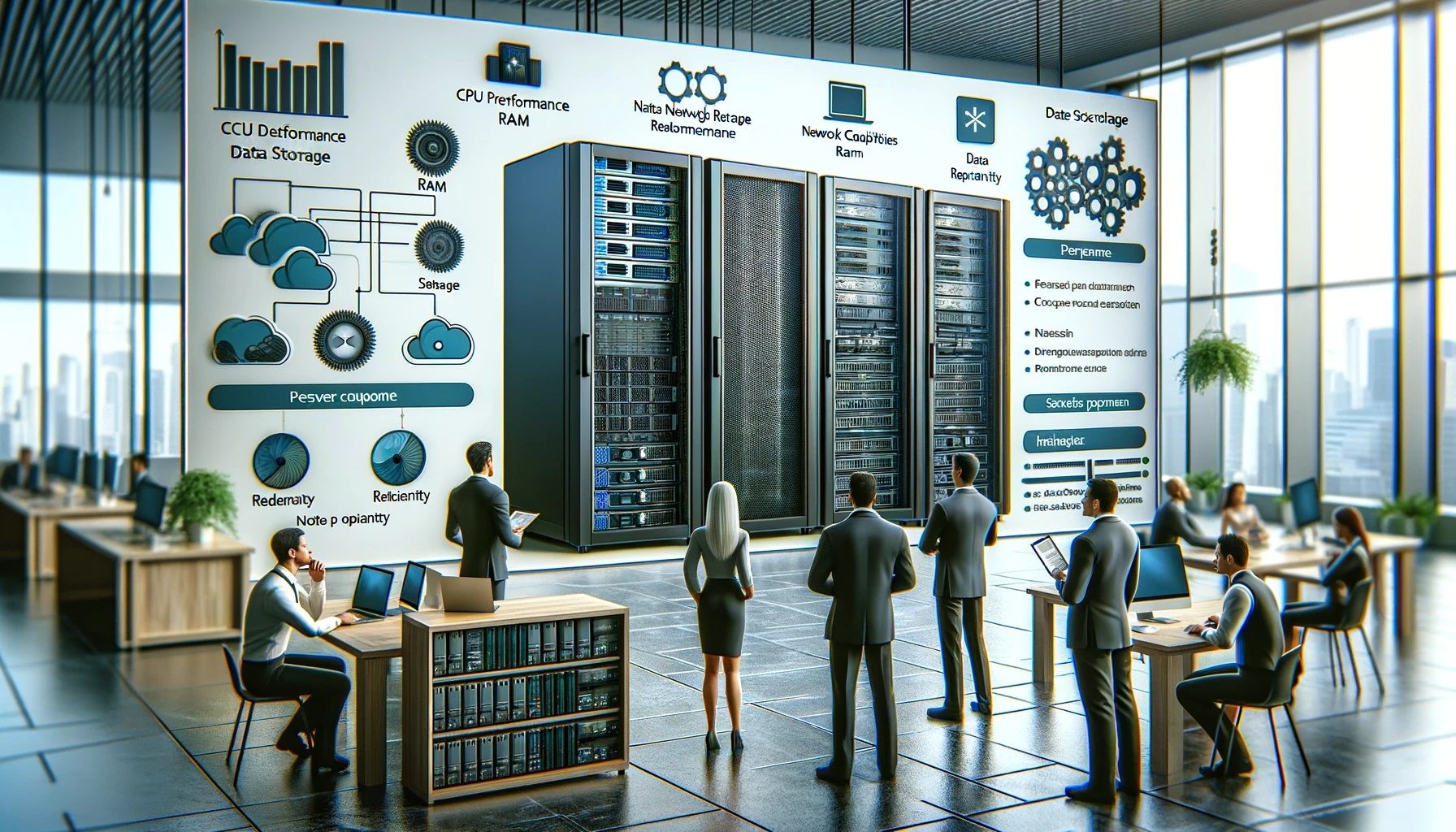 realistic photo depicting a business environment where a team is selecting server equipment. The scene shows a modern office with professionals disc