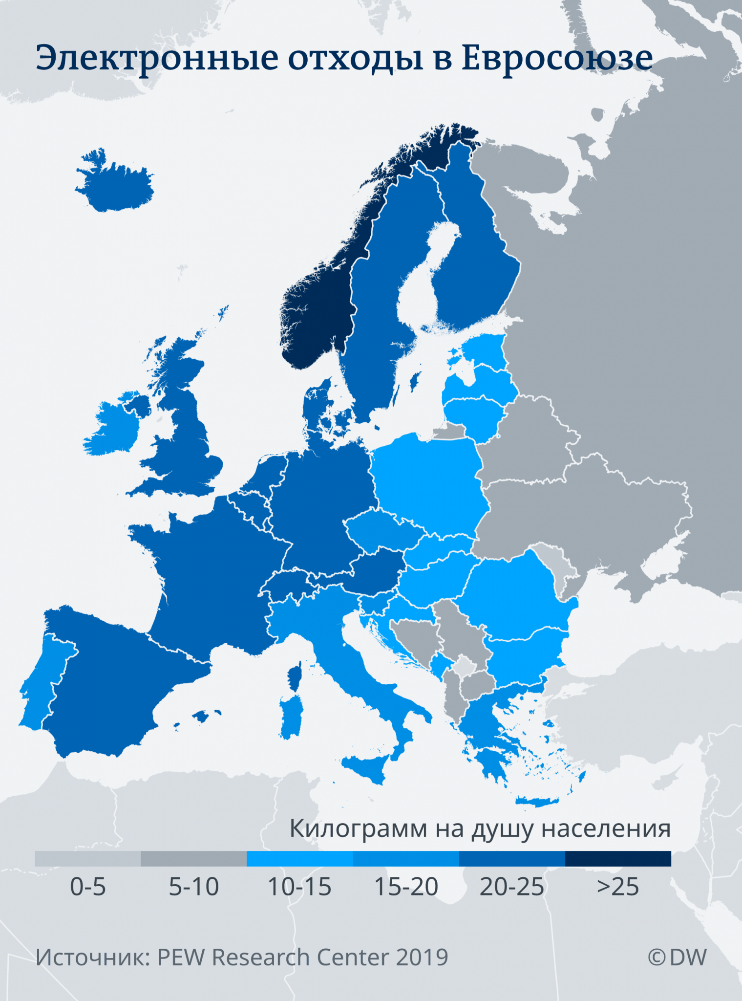 карта электронные отходы ЕВРОПА 2019 на душу населения