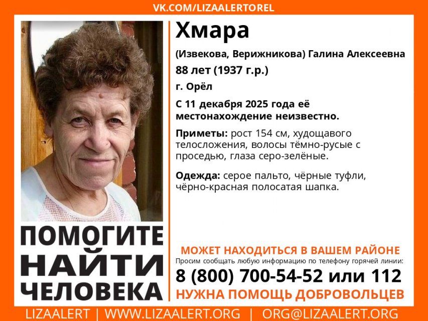 Орловчан просят помочь в поиске 88-летней женщины