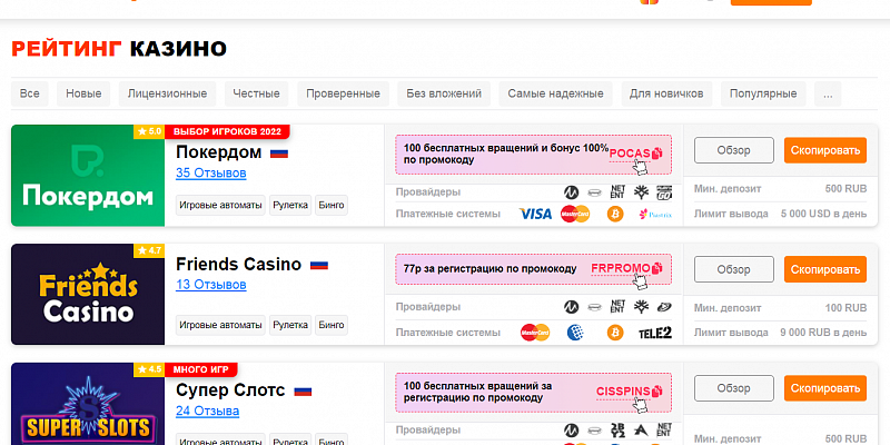 Рейтинг онлайн казино - важный инструмент при выборе заведения