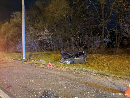 На трассе под Орлом «Форд» протаранил фонарный столб и улетел в кювет. Два человека травмировались