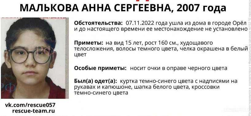 В Орле полицейские нашли ушедшую из дома 7 ноября 15-летнюю девочку