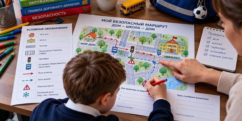 Шаблон схемы безопасного маршрута «Дом — Школа — Дом» - готовые бланки для портфолио первоклассника