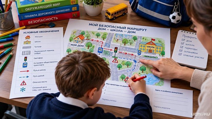 Шаблон схемы безопасного маршрута «Дом — Школа — Дом» - готовые бланки для портфолио первоклассника